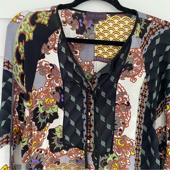 Hale Bob Floral Geo Patchwork 100% Silk Henley Dolman Tunic To, Medium - Picture 4 of 8